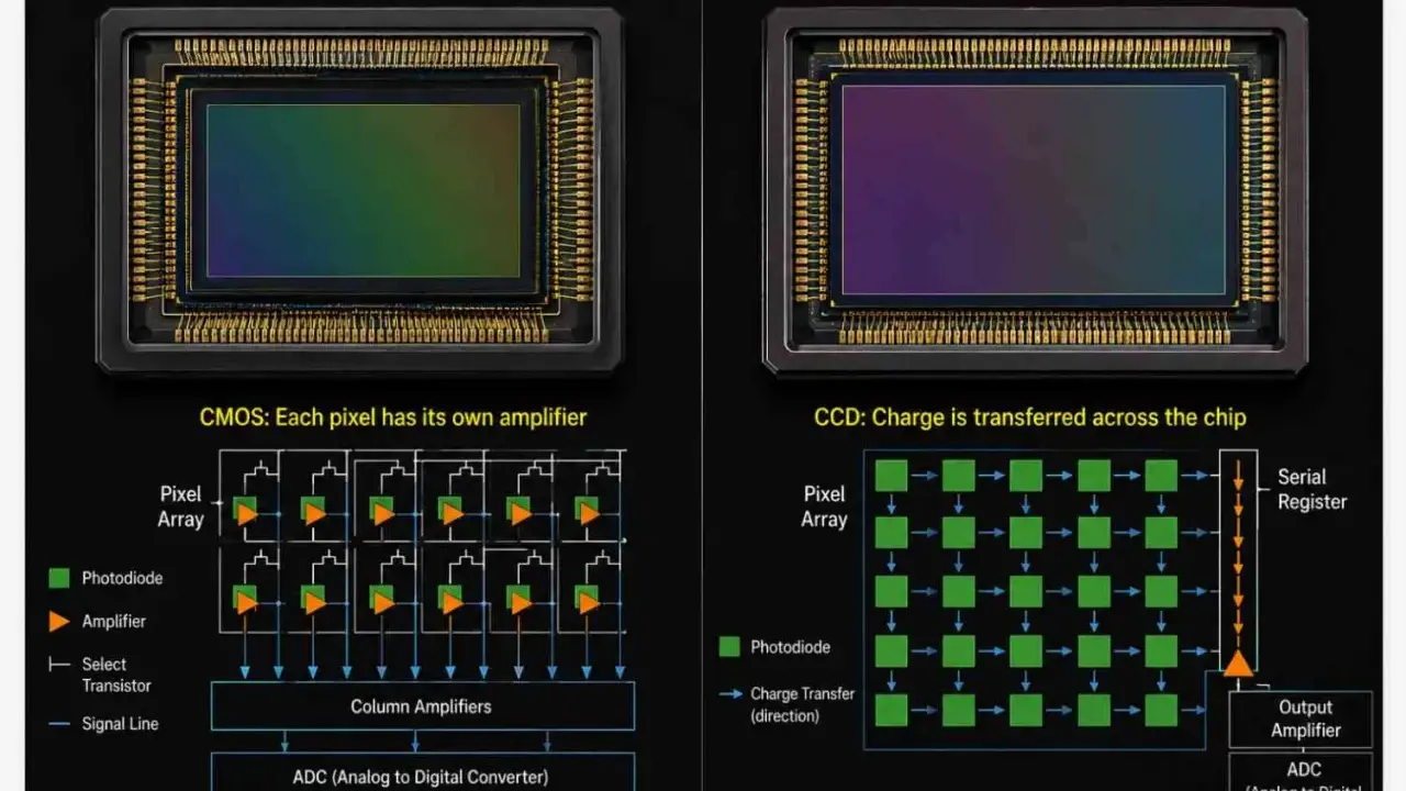 Confronto tra sensore CMOS, con amplificatore per ogni pixel, e sensore CCD, dove la carica viene trasferita.