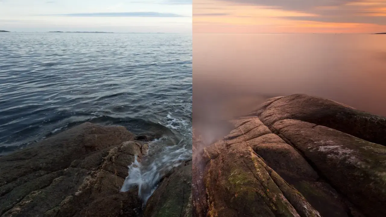 Confronto tra due scatti: a sinistra, onde mosse su rocce; a destra, mare calmo e tramonto con filtro ND a cosa serve per effetti setosi.