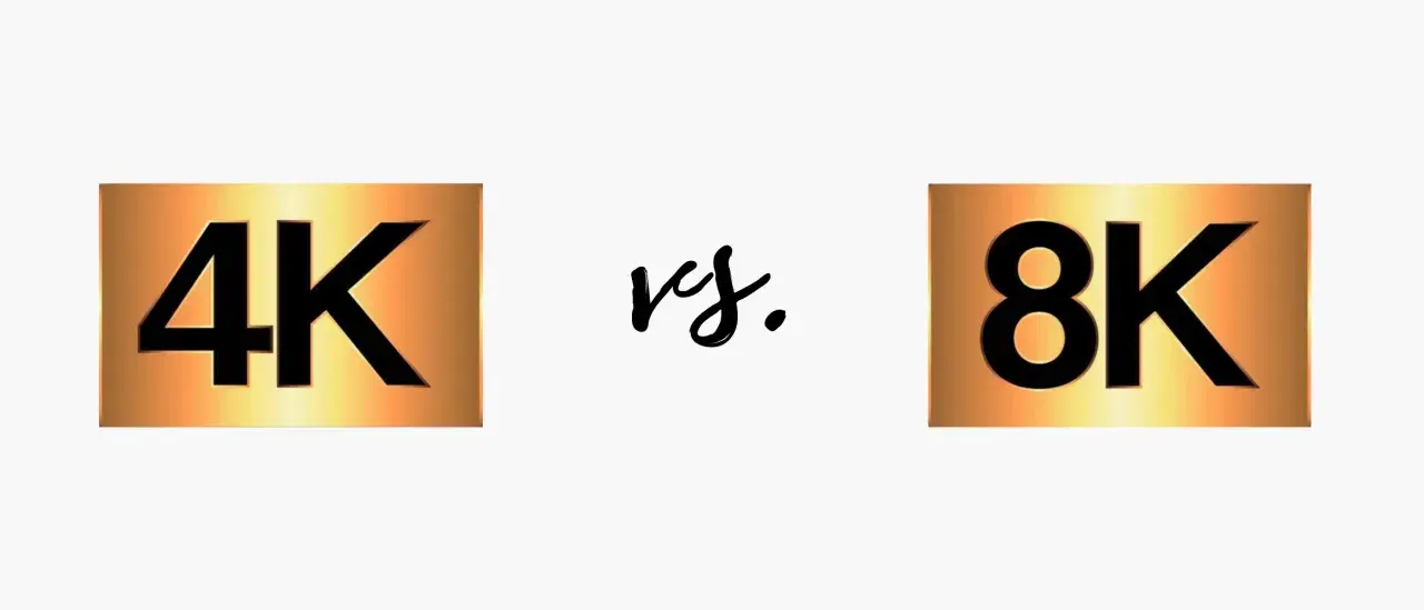 Confronto tra risoluzioni: 4K vs 8K. Immagine in formato 4k con loghi dorati e neri.