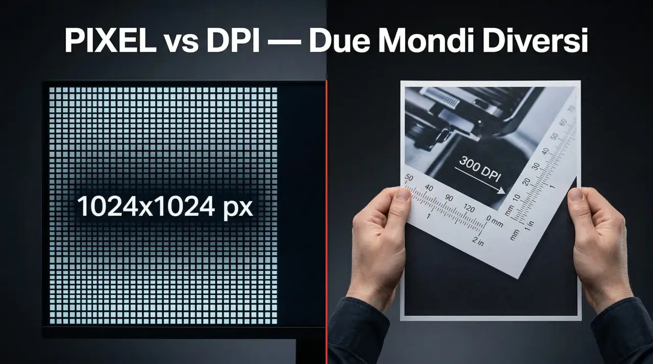 Schermo con 1024x1024 pixel affiancato a un foglio con indicazione 300 DPI, per capire cos'è un pixel e la sua densità.