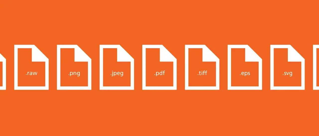 Icone di file con estensioni: .raw, .png, .jpeg, .pdf, .tiff, .eps, .svg.