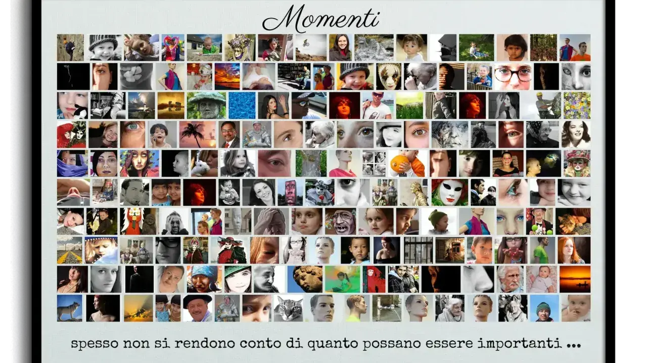 A framed collage of many small square photos of people, animals, and scenes, with the word "Momenti" at the top.