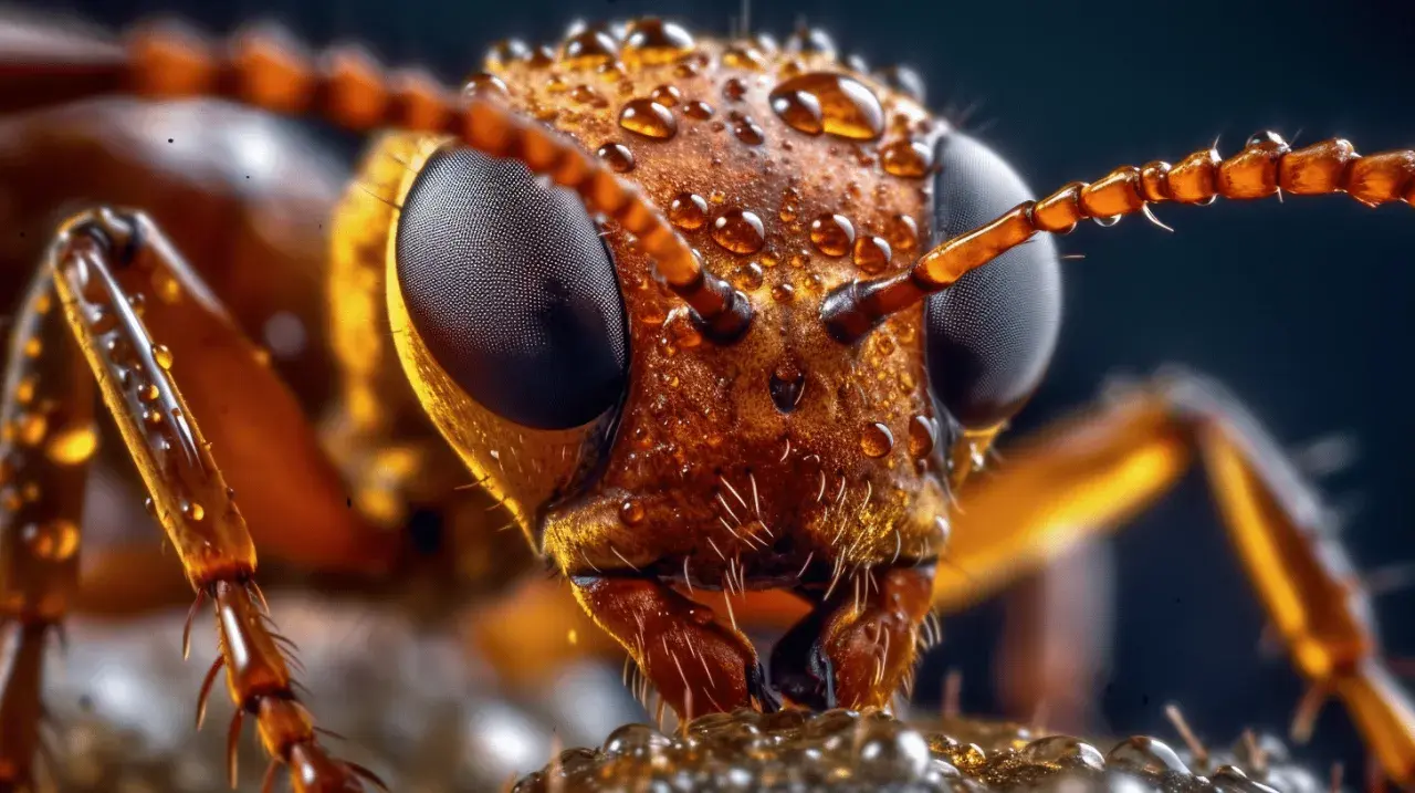 Testa di formica coperta di gocce d'acqua, dettaglio incredibile grazie alla funzione macro fotocamera.