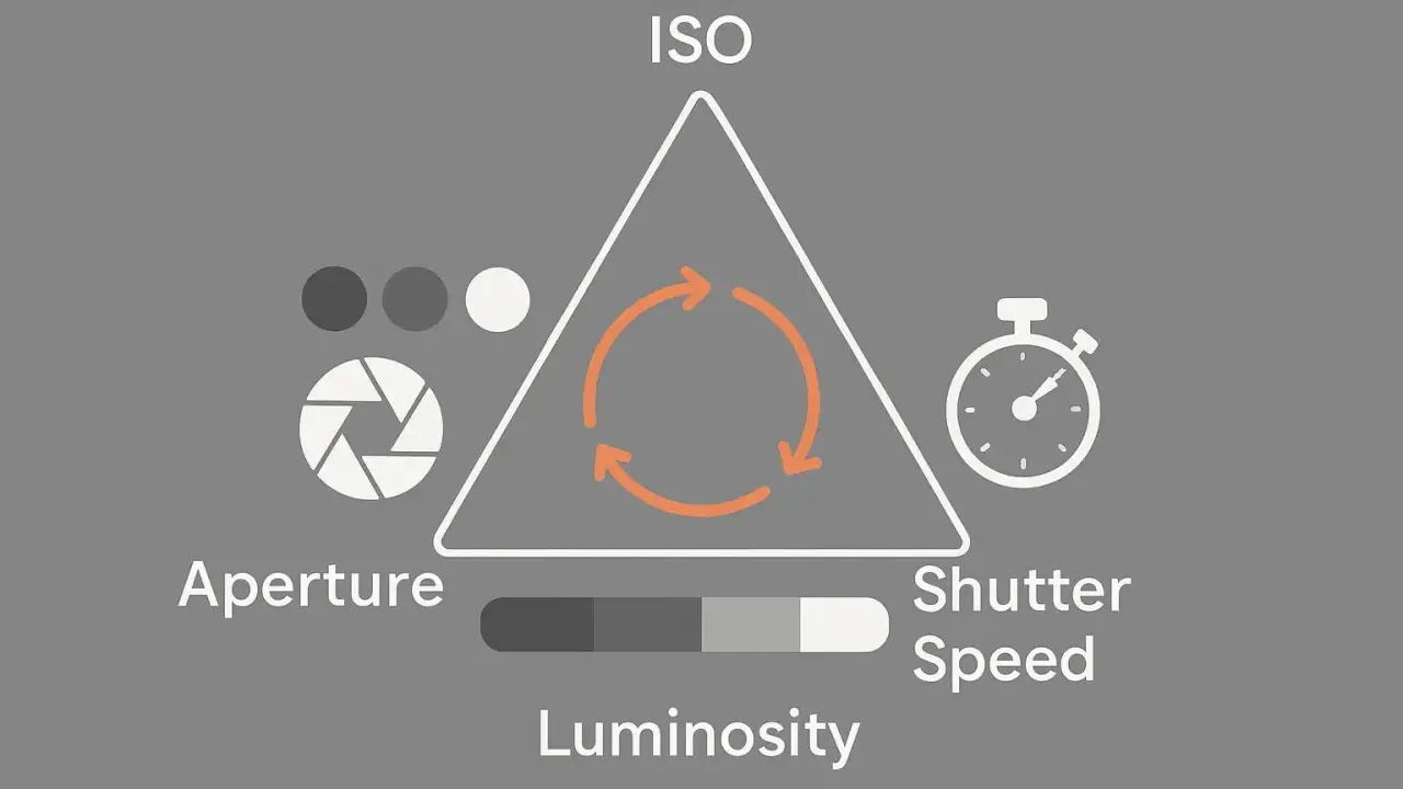 Schema che illustra i tre pilastri dell'esposizione fotografica: apertura, tempo di posa e ISO, con un indicatore di luminosità.