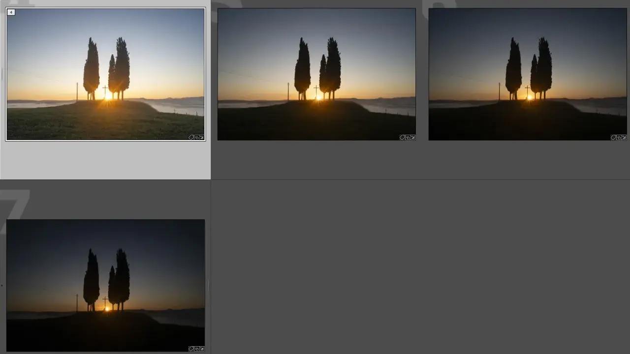 Tre cipressi solitari all'alba, con il sole che sorge tra loro. Diverse esposizioni per la bracketing fotografia, per catturare ogni dettaglio.