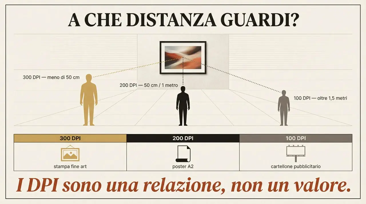La risoluzione 300 DPI è ideale per stampe fine art da meno di 50 cm. La distanza di visione è cruciale.