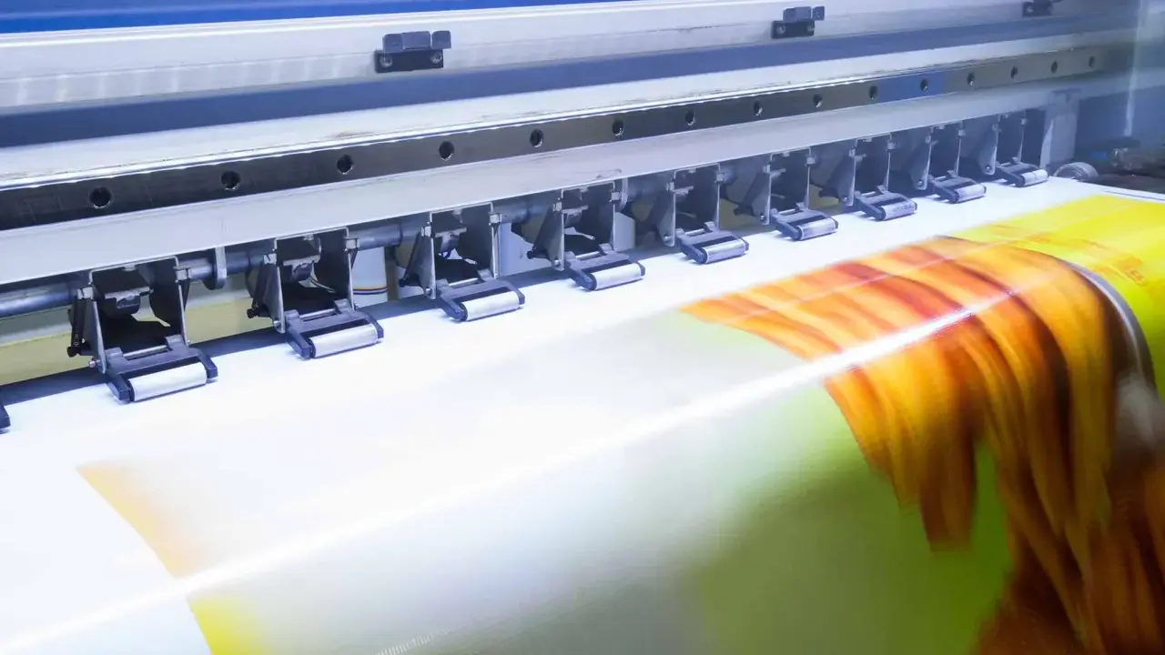 La stampante industriale crea un'immagine vibrante su un supporto in formato 3:2.