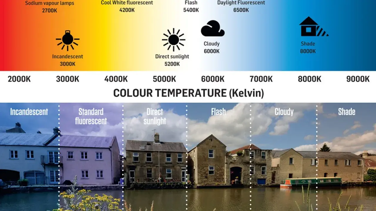Guida al bilanciamento del bianco in fotografia: diverse temperature colore (Kelvin) e loro effetti visivi su un paesaggio con case e canale.