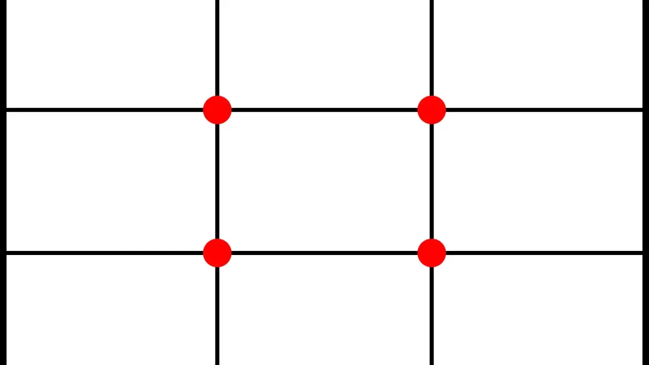 Griglia con sei punti rossi che indicano i punti di forza della regola dei terzi, utile per comporre immagini.