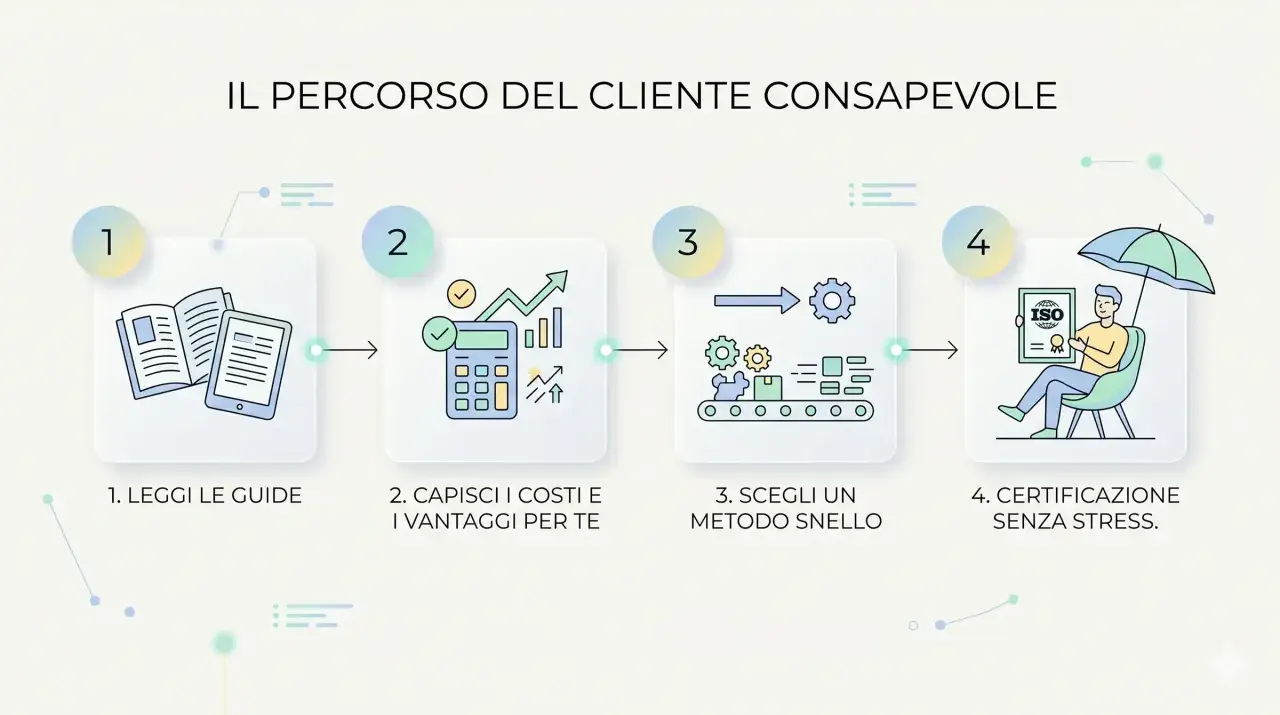 Il percorso del cliente: leggi guide, calcola costi/vantaggi, scegli metodo snello, certificazione ISO senza stress. La sensibilità ISO consigliata è alta per risultati ottimali.