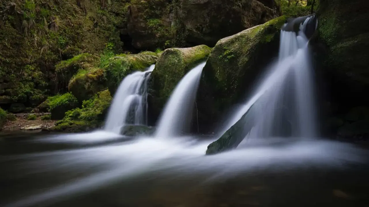 Cascata in una foresta lussureggiante. L'acqua scorre su rocce ricoperte di muschio, creando un effetto setoso. Questo significa pace.