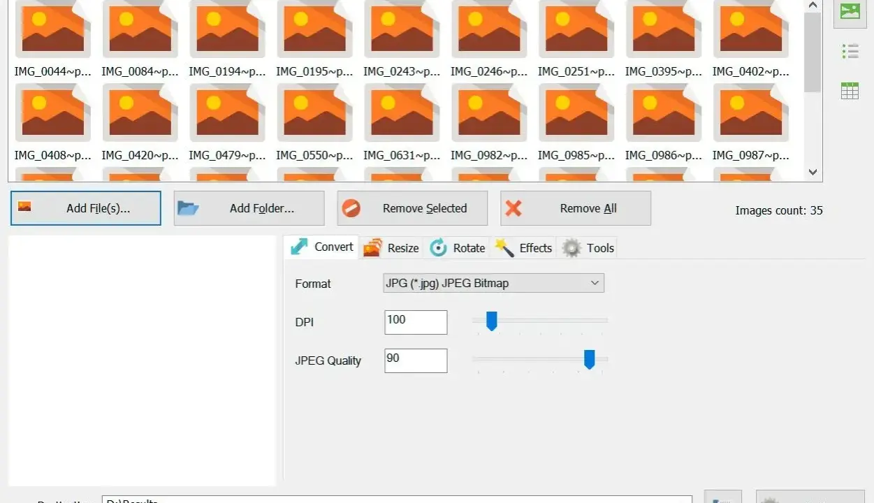 Il software mostra quali sono i formati delle foto selezionabili, come JPG, con opzioni per DPI e qualità.