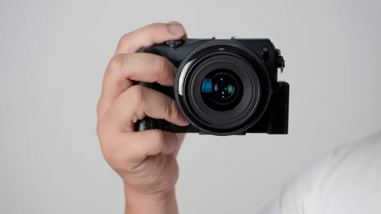 Mano che tiene una fotocamera compatta, mostrando le parti macchina fotografica come l'obiettivo e il corpo nero.
