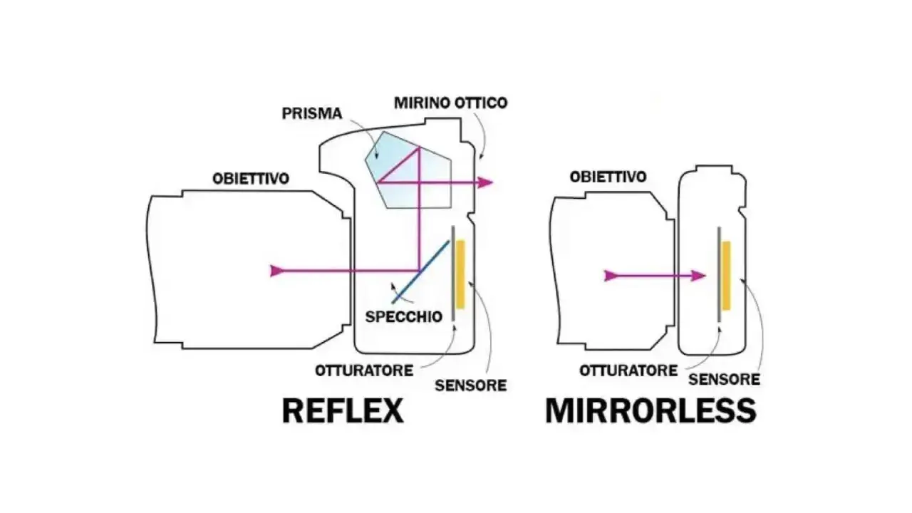 Schema che illustra come funziona una macchina fotografica reflex (con specchio e prisma) e una mirrorless (senza specchio).