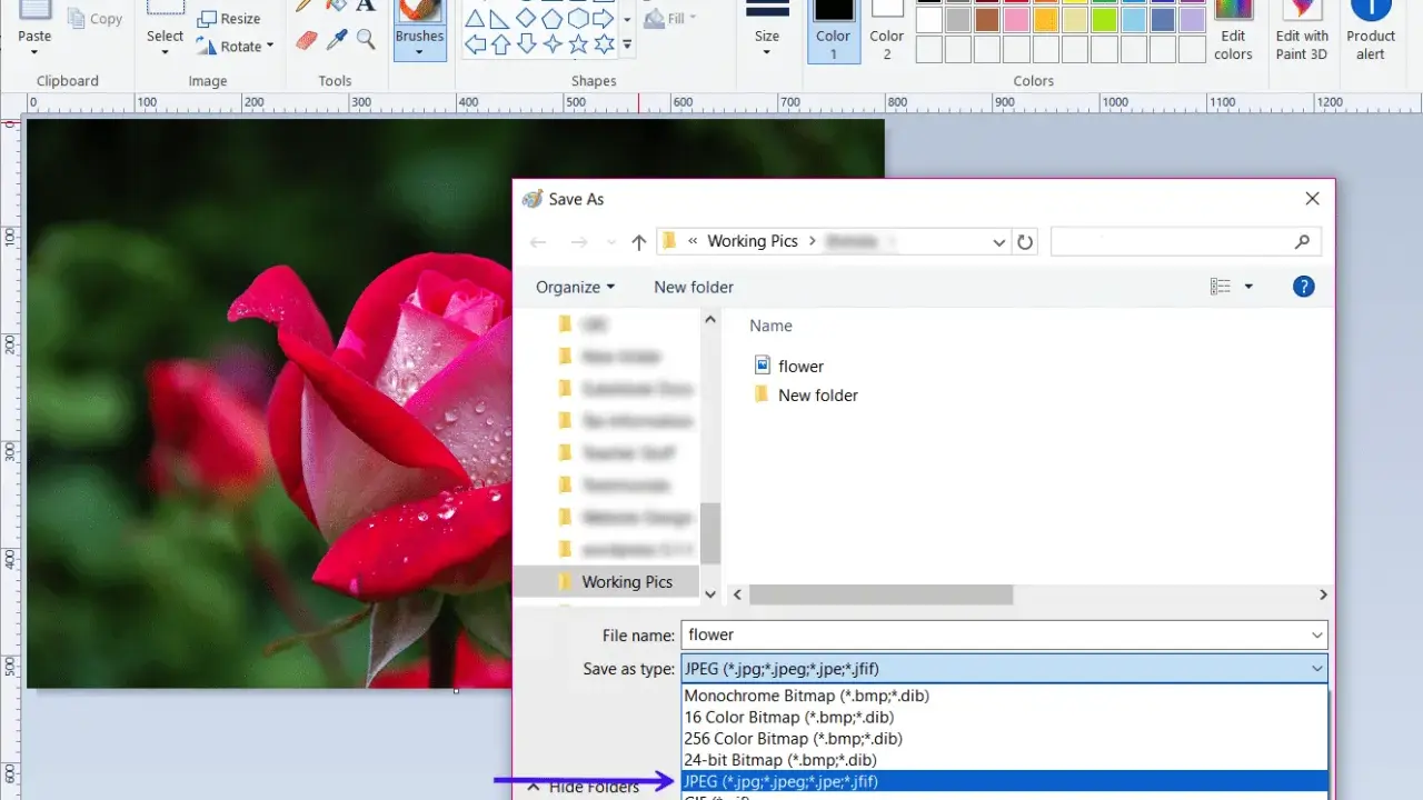 Salvataggio immagine in Paint: la finestra "Salva con nome" mostra le opzioni per la differenza tra JPEG e JPG, evidenziando il formato JPEG.