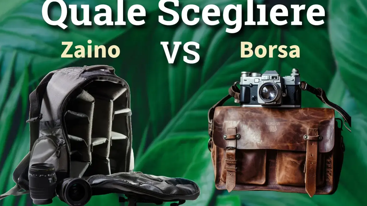 Zaino fotografico grigio aperto con obiettivi vs borsa in pelle marrone con fotocamera vintage. Quale scegliere per il miglior zaino fotografico?