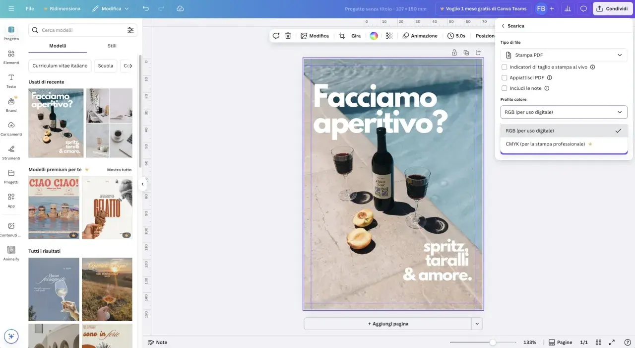 Un modello di canva fotolibro con un'immagine di un aperitivo al tramonto.