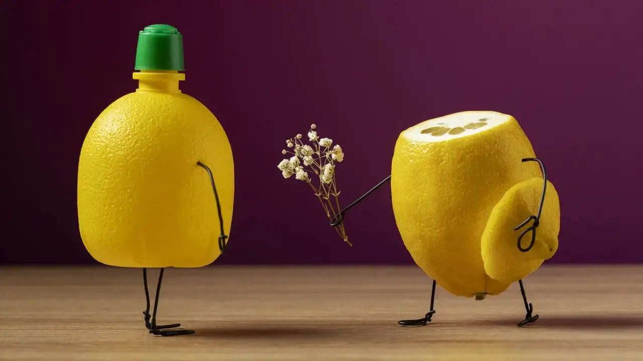 Un limone con un fiore in mano offre un dono a un altro limone. Un esempio di still life che gioca con forme e colori.