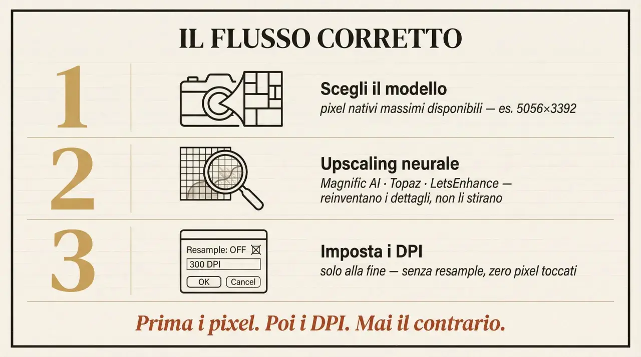 Il flusso corretto: scegli modello con pixel nativi, upscaling neurale, imposta DPI alla fine. Prima i pixel, poi i DPI.
