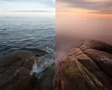 Confronto tra due scatti: a sinistra, onde mosse su rocce; a destra, mare calmo e tramonto con filtro ND a cosa serve per effetti setosi.
