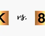 Confronto tra risoluzioni: 4K vs 8K. Immagine in formato 4k con loghi dorati e neri.