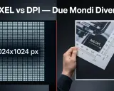 Schermo con 1024x1024 pixel affiancato a un foglio con indicazione 300 DPI, per capire cos'è un pixel e la sua densità.