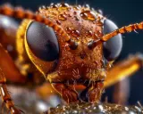 Testa di formica coperta di gocce d'acqua, dettaglio incredibile grazie alla funzione macro fotocamera.