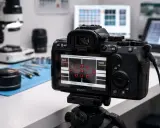 Schermo di una fotocamera mostra un grafico di messa a fuoco, ma la fotocamera non mette a fuoco. Sullo sfondo, un microscopio e un laptop.