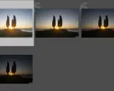 Tre cipressi solitari all'alba, con il sole che sorge tra loro. Diverse esposizioni per la bracketing fotografia, per catturare ogni dettaglio.