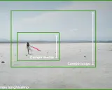 Esempi di inquadrature fotografiche: campo lunghissimo, campo lungo e campo medio con una donna che corre su un terreno salino.