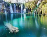 Cascata con effetto grandangolo, acqua turchese e un tronco sommerso.