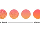 Illustrazione che mostra il significato di dpi: da bassa a alta densità di punti colorati, con sfumature che diventano più uniformi.