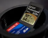 Due schede SD, una Lexar Professional 64GB e una SanDisk, in un contenitore. Cos'è una sd card? Un piccolo supporto di memoria.
