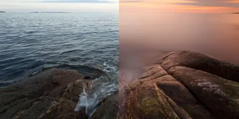 Confronto tra due scatti: a sinistra, onde mosse su rocce; a destra, mare calmo e tramonto con filtro ND a cosa serve per effetti setosi.