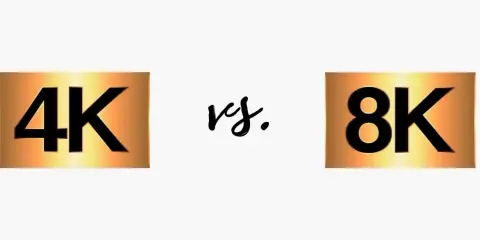 Confronto tra risoluzioni: 4K vs 8K. Immagine in formato 4k con loghi dorati e neri.