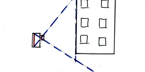 Schema che illustra cos'è un obiettivo shift: un dispositivo che permette di inquadrare un edificio senza distorsioni prospettiche.