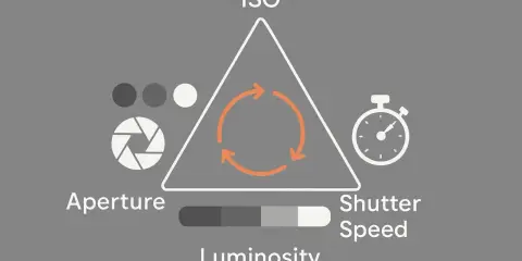 Schema che illustra i tre pilastri dell'esposizione fotografica: apertura, tempo di posa e ISO, con un indicatore di luminosità.