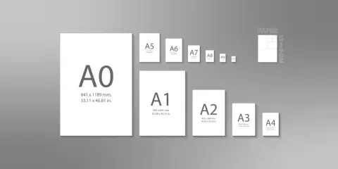 Serie di fogli con diversi formato foto digitali, dall'A0 all'A10, disposti in ordine decrescente di grandezza.