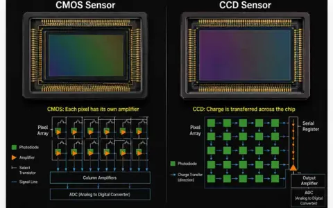 Confronto tra sensore CMOS, con amplificatore per ogni pixel, e sensore CCD, dove la carica viene trasferita.