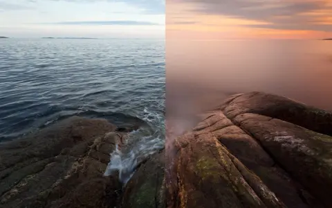 Confronto tra due scatti: a sinistra, onde mosse su rocce; a destra, mare calmo e tramonto con filtro ND a cosa serve per effetti setosi.