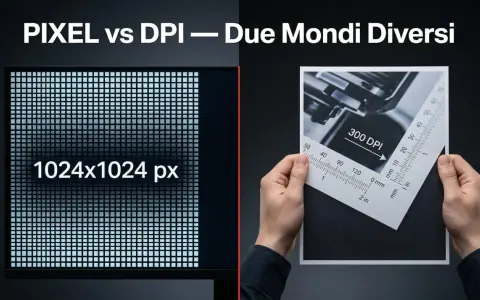Schermo con 1024x1024 pixel affiancato a un foglio con indicazione 300 DPI, per capire cos'è un pixel e la sua densità.