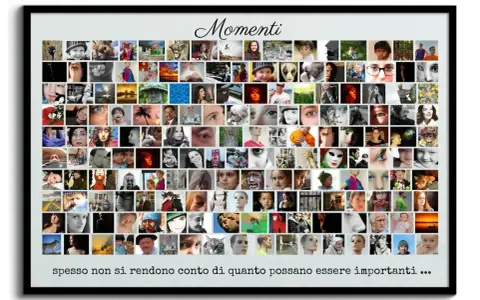 A framed collage of many small square photos of people, animals, and scenes, with the word "Momenti" at the top.