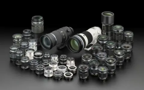 Una vasta collezione di obiettivi fotografici, dai più compatti ai teleobiettivi professionali, disposti su sfondo nero.
