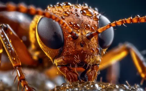Testa di formica coperta di gocce d'acqua, dettaglio incredibile grazie alla funzione macro fotocamera.