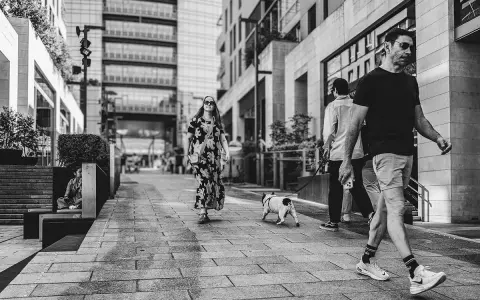 Un uomo cammina con il suo cane, un'istantanea da street photographer in una via moderna.