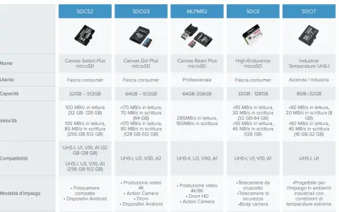 Confronto tra diverse sigle micro SD: Canvas Select Plus, Go! Plus, React Plus, High-Endurance e Industrial Temperature.