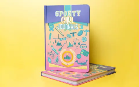 Come fotografare un libro: due quaderni "Sporty Girl Journals" con copertine colorate e illustrazioni sportive su sfondo giallo.