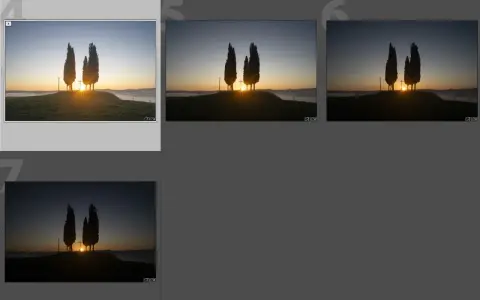 Tre cipressi solitari all'alba, con il sole che sorge tra loro. Diverse esposizioni per la bracketing fotografia, per catturare ogni dettaglio.