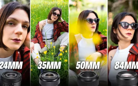 Confronto tra diversi obiettivi fotografici: 24mm, 35mm, 50mm e 84mm, mostrando l'angolo di campo e l'effetto sul soggetto in un prato fiorito.