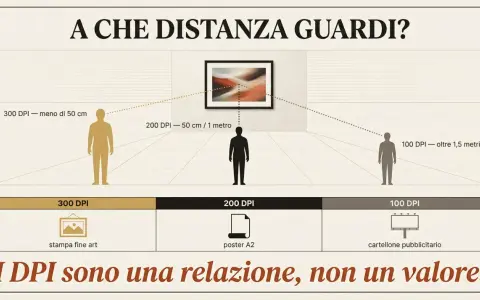 La risoluzione 300 DPI è ideale per stampe fine art da meno di 50 cm. La distanza di visione è cruciale.